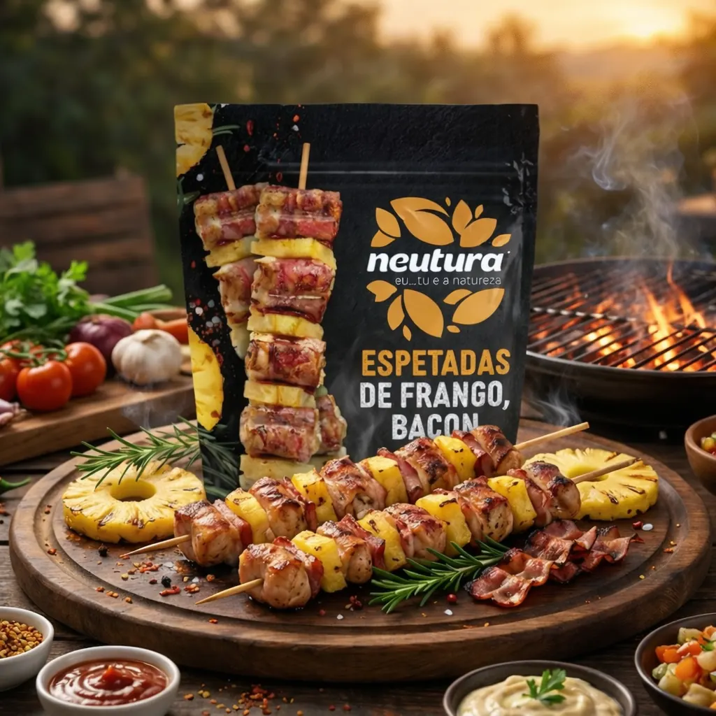 Embalagem Neutura de espetadas de frango e bacon junto a espetadas grelhadas