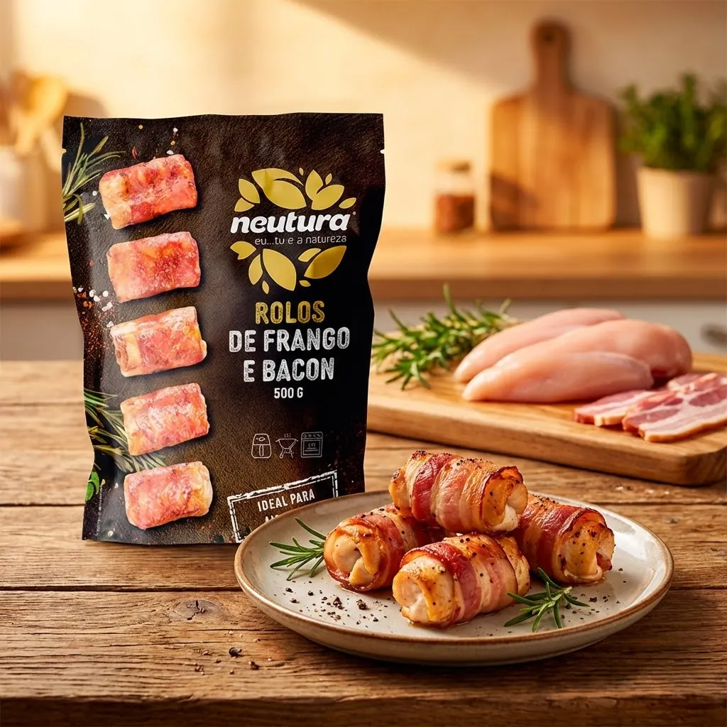 Embalagem Neutura de rolos de frango e bacon com rolos cozinhados